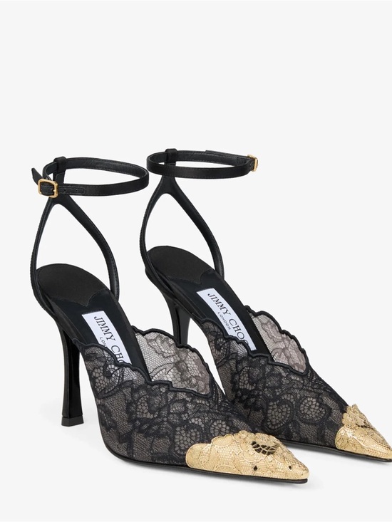 Jimmy Choo Shoes - Jimmy Choo Black Lace Pointed Pumps with Gold Cap-Toe & Ankle Strap